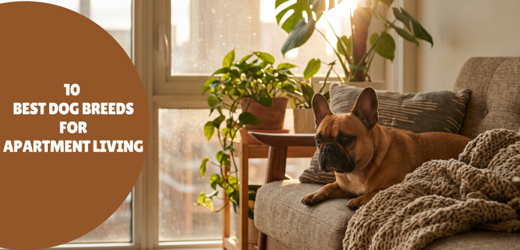French Bulldog relaxing on a sofa in a sunny city apartment, one of the best dog breeds for apartment living