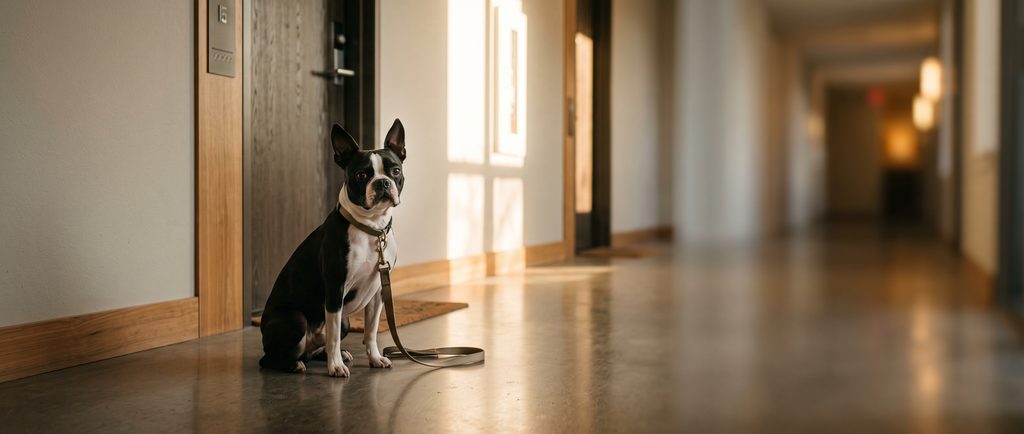 Boston Terrier waiting by the door in an apartment hallway