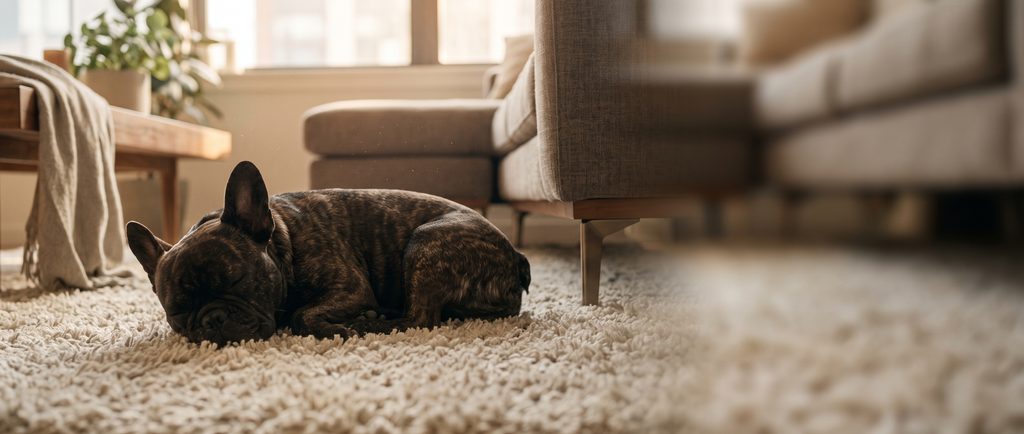 Brindle French Bulldog sleeping on a rug in a cozy apartment
