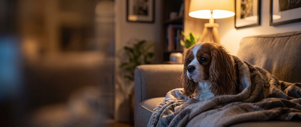 Cavalier King Charles Spaniel cuddled on a sofa during movie night