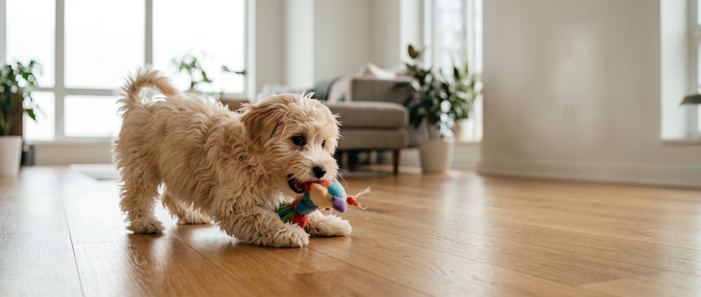 Cream Havanese playing with a toy in a bright apartment
