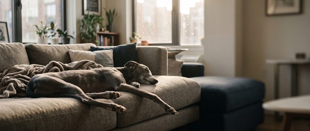 Gray Greyhound stretched out asleep on a sofa