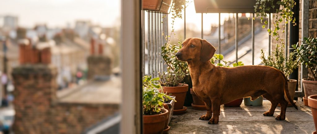 Red Dachshund standing on an apartment balcony at golden hour