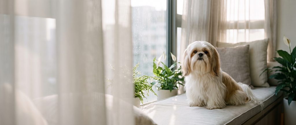 Shih Tzu sitting on a sunny window seat in an apartment