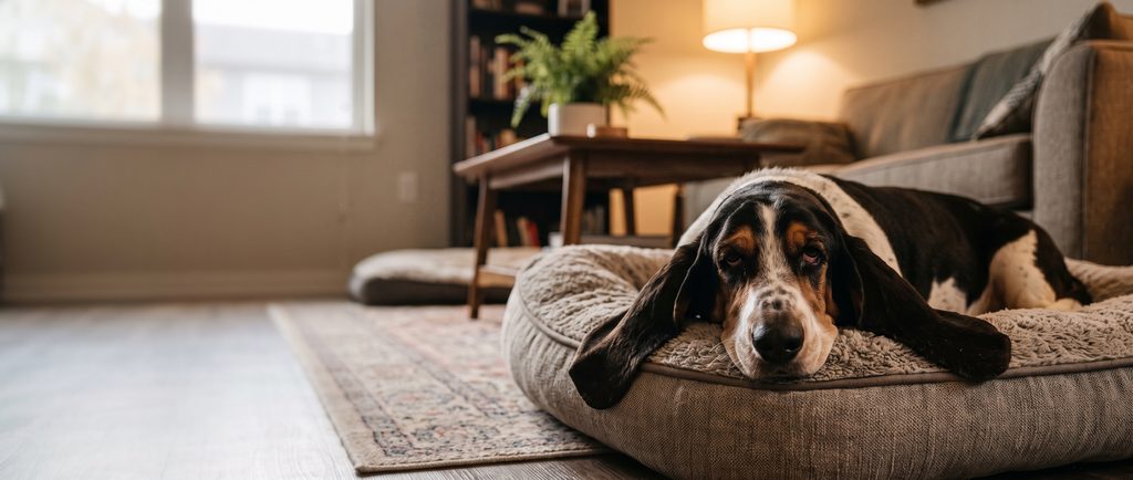 Tricolor Basset Hound lounging on a dog bed